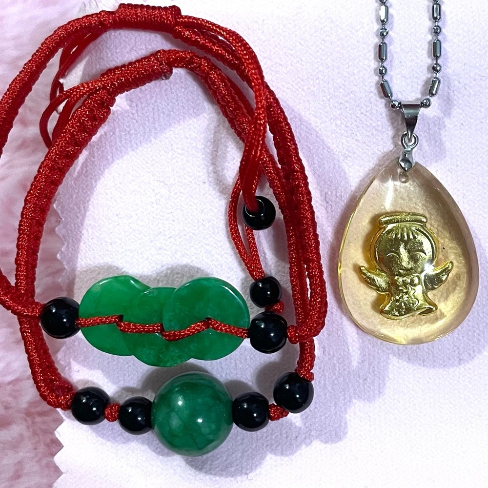 Gorgeous 24K Gold Foil Baby Angel Wing Charm Pendant Necklace Jade Bracelet